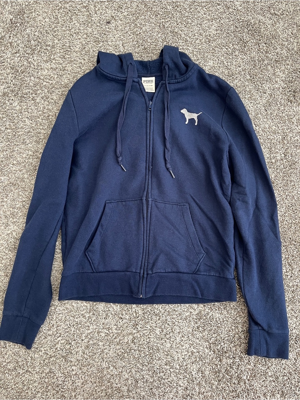 PINK Victoria’s Secret Navy Blue Glitter Dog Hoodie Sweatshirt